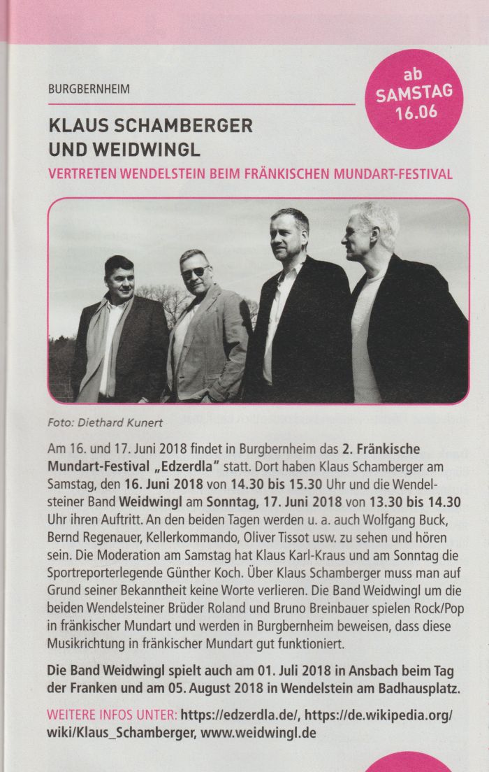 Klaus Schamberger und Weidwingl vertreten Wendelstein beim Fränkischen Mundart-Festival